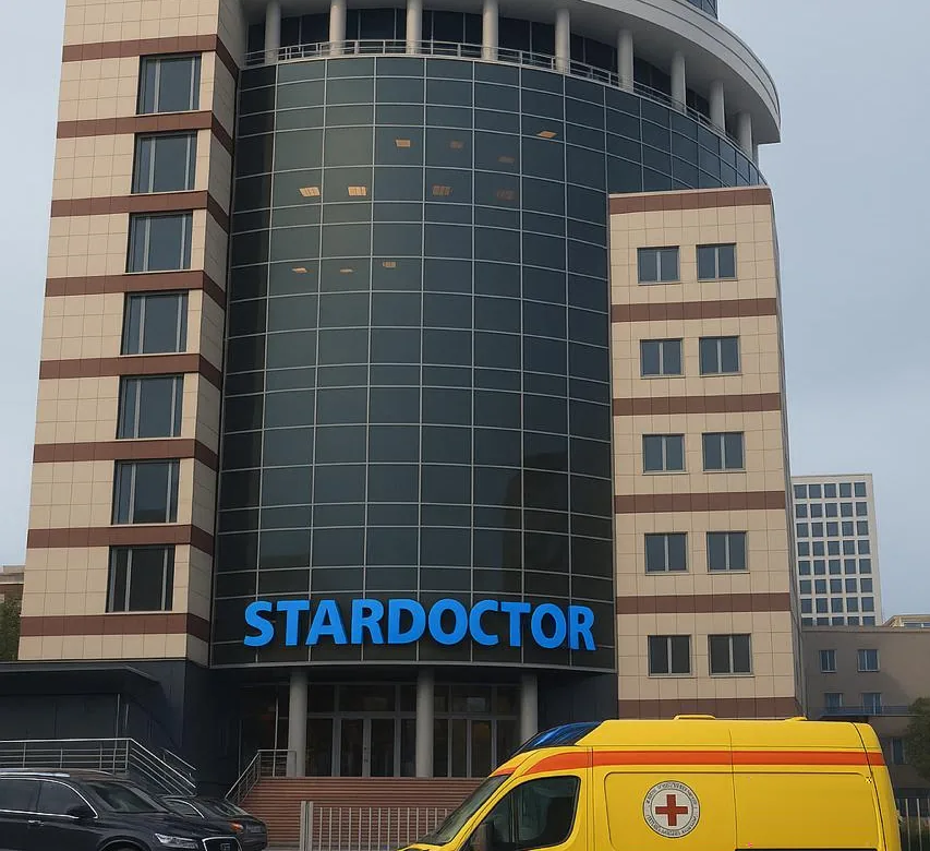 Будівля з вивіскою STARDOCTOR і автомобіль швидкої допомоги біля входу